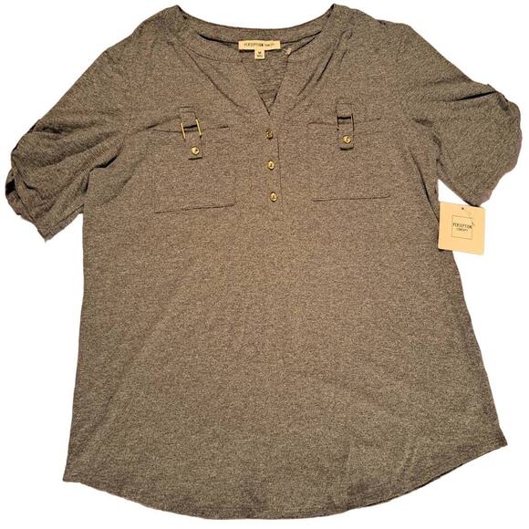 New Medium Dark Gray "PerSeption Concept" Top Front Pockets Button Ruched Sleeve - Picture 6 of 9